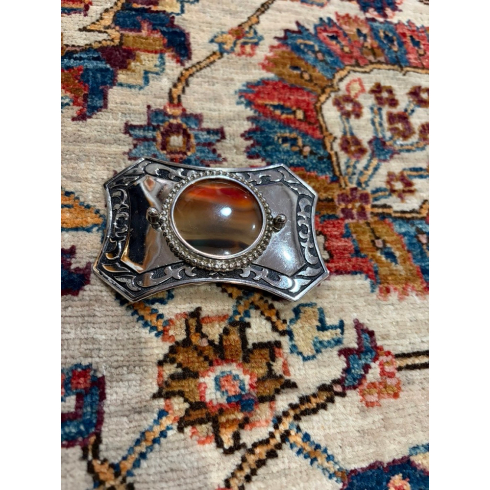 Vintage Western Banded Agate Belt Buckle Silver Tone Engraved Statement